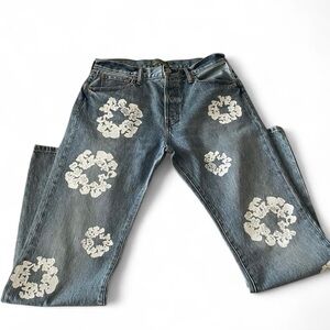 Men's Blue Jeans with White Floral Design